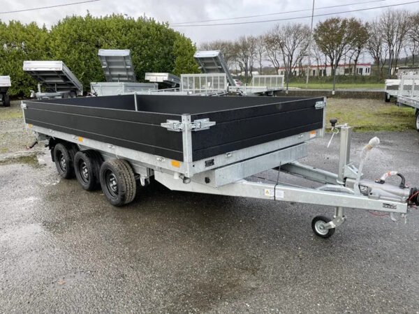 FRET Remolque volquete trilateral Saris K3 406 x 204, 3500 kg, triple eje, con freno, ballestas